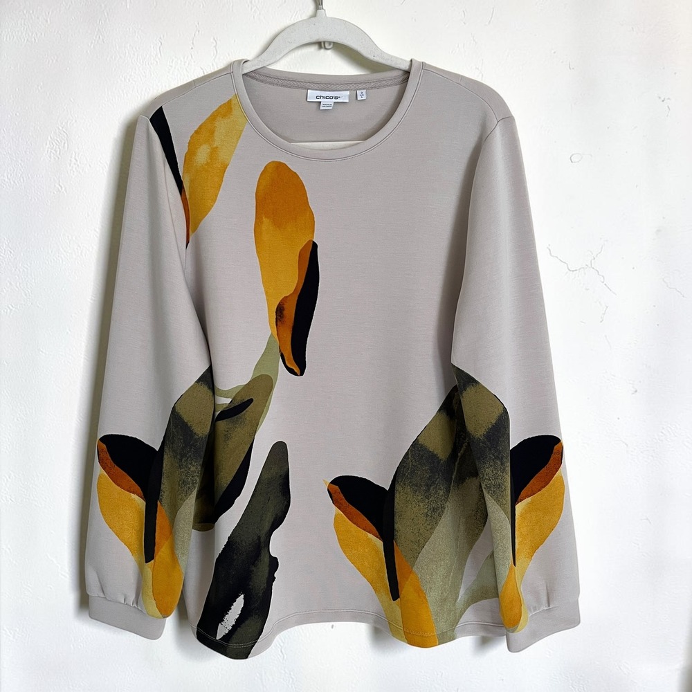 Chico's Modal Blend Sweatshirt Women's 2 Large Abstract Floral Soft Boho Artsy